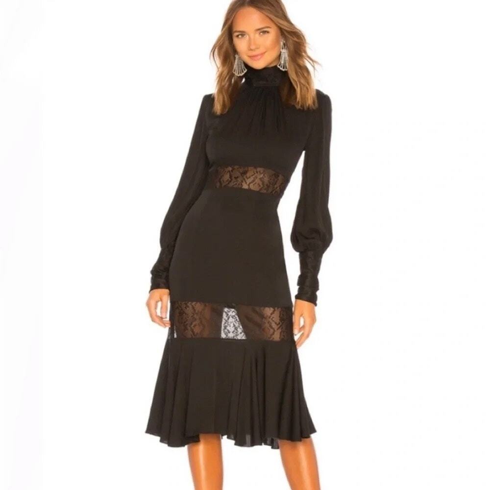 Milly Arianna Silk Blend Black Midi Long Sleeve Dress 0